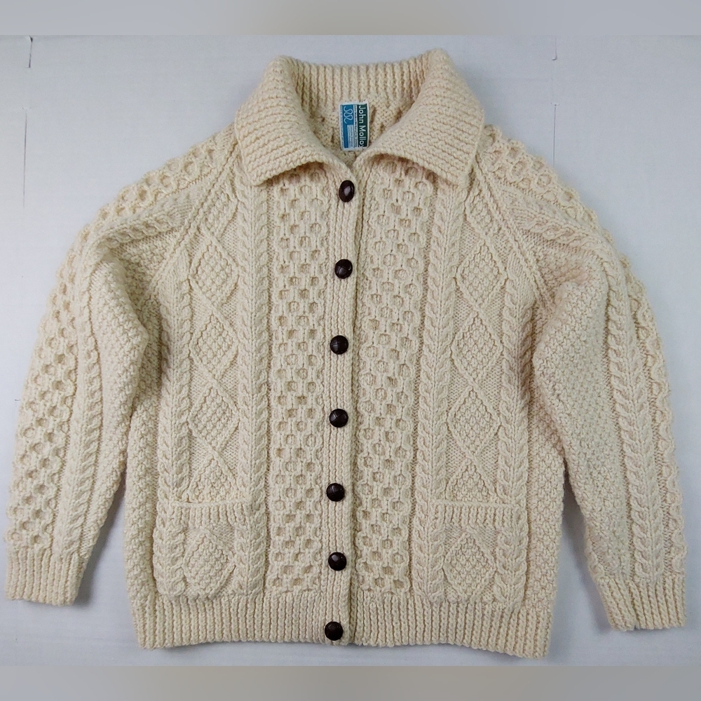 VTG John Molloy Cable Knit Sweater Womens Off White Wool Donegal Hand Knit